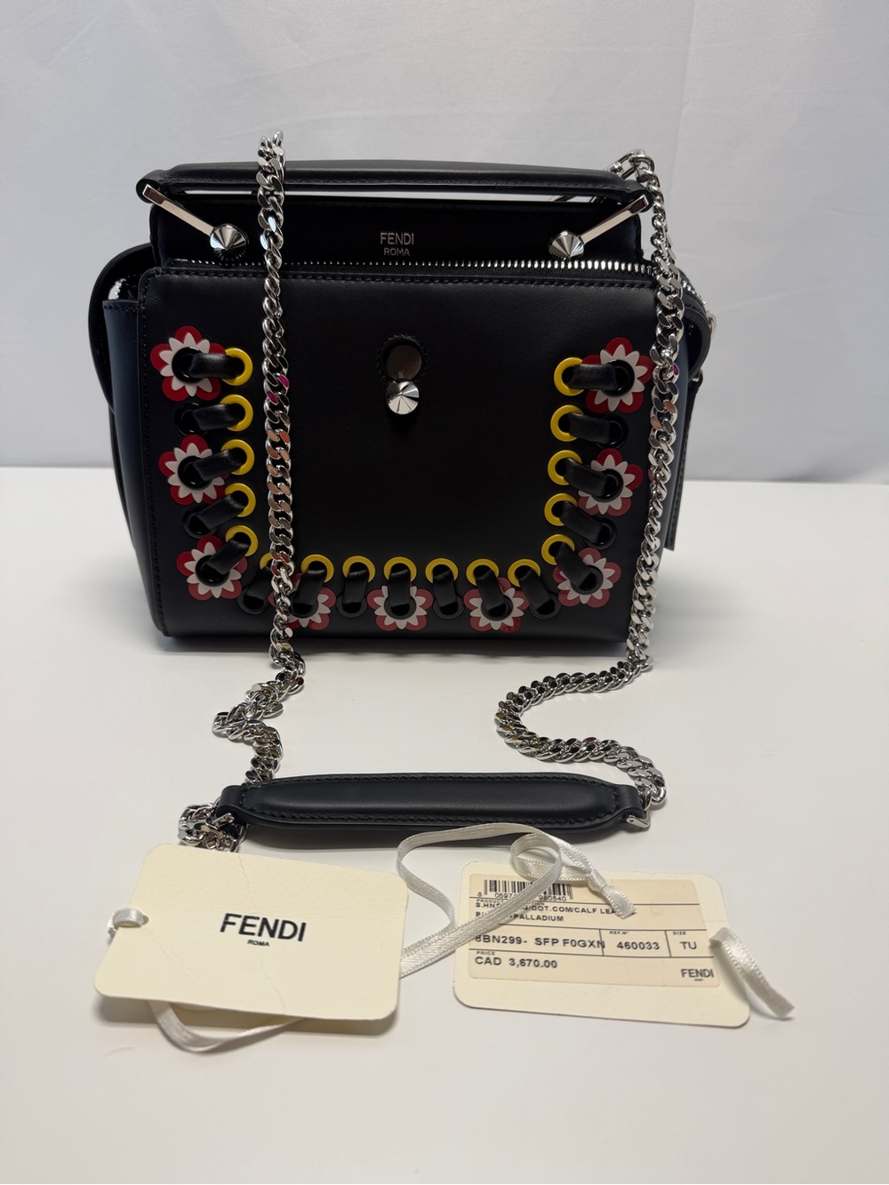Fendi Black Leather Crossbody with Red, White & Yellow Floral Eyelets